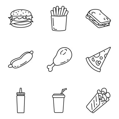 Vector Set of Fast Food Outline Icons. Junk Food.