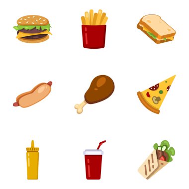 Vector Set of Fast Food Color Icons. Flat Design Junk Food Illustration.