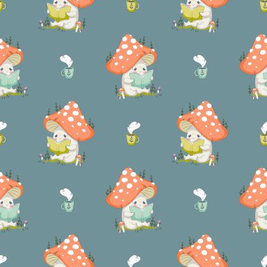Mushroom cartoon vector illustration for posters, T-shirt print, postcard. Kids card print template and seamless background pattern 