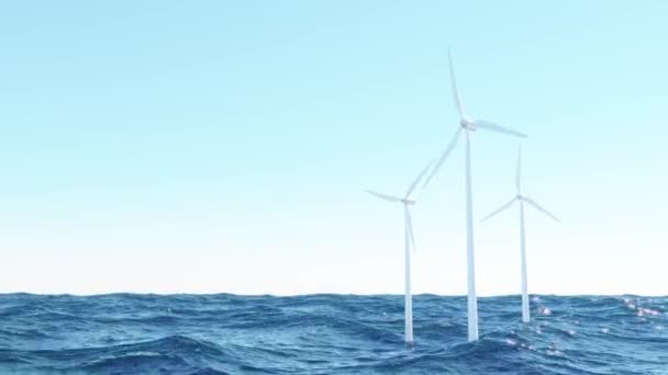 Animation Rendering Moderner Windmühlen Die Wehenden Meerwasser Vor Wolkenlosem Blauen — Stockvideo