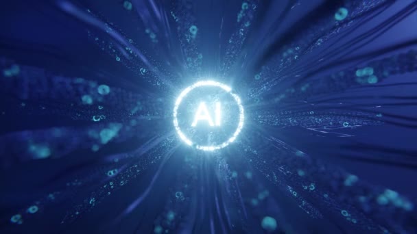 蓝色背景下与发光Ai铭文相连的高科技线3D动画 — 图库视频影像