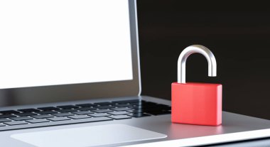 Üç boyutlu illüstrasyon. Dizüstü bilgisayarda asma kilit açılmış. Güvenlik ve veri koruma kavramı.