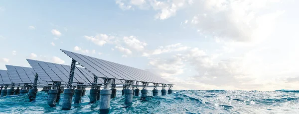 曇りの日の出の空に対する海水に設置された現代の太陽電池パネルの3Dパノラマ — ストック写真
