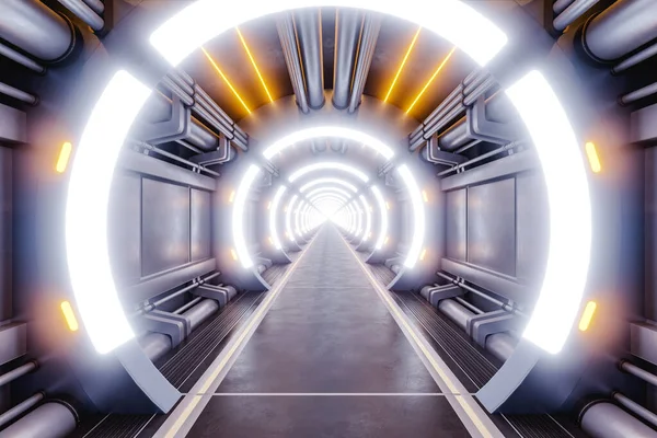 Ilustracja Okrągłego Korytarza Oświetlonego Jasnymi Lampami Wewnątrz Futurystycznego Statku Kosmicznego — Zdjęcie stockowe