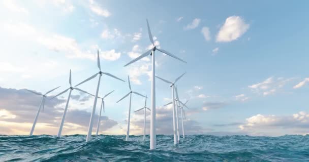 Animatie Van Moderne Windmolens Geïnstalleerd Golvend Zeewater Tegen Wolkenloze Blauwe — Stockvideo
