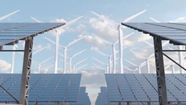 現代の風車の3Dアニメーションループは 環境に優しいエネルギーファーム上の曇った青空に対して太陽光パネルの後ろに回転 — ストック動画