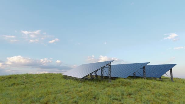 Lazo Animación Paneles Fotovoltaicos Modernos Instalados Sobre Hierba Verde Contra — Vídeos de Stock