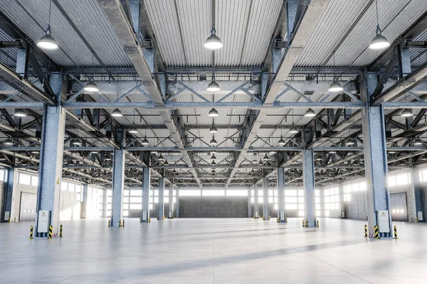 昼間の3Dレンダリングで産業施設内の金属製の柱と日光の広々とした倉庫のインテリア — ストック写真