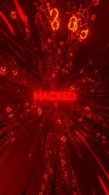 Sanal ağ içindeki neon hacklenmiş yazıta bağlı kırmızı kabloların 3B çizimi