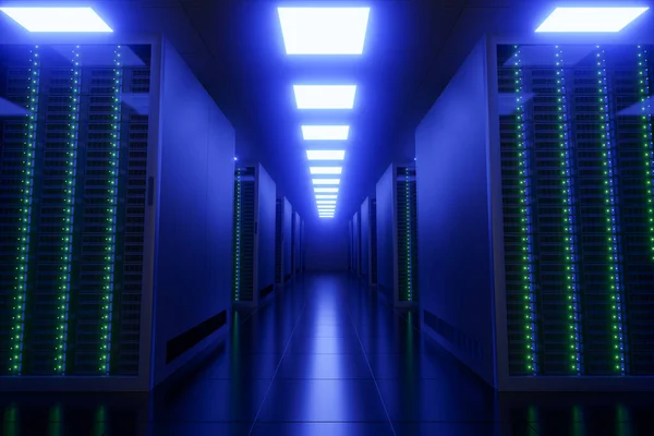 Rastrelliere Sala Server Interno Con Luci Blu Nel Data Center — Foto Stock