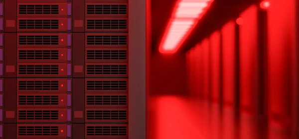 Moderno Server Rack Illuminato Con Colore Rosso Neon Collocato Storage — Foto Stock