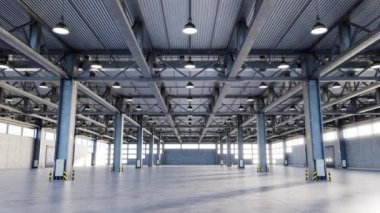 Gündüz vakti endüstriyel tesislerin içinde metal sütunlar bulunan güneşli geniş deponun içinde 3D animasyon oluşturucu