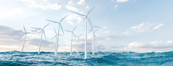 stock image 3D panorama of modern windmills installed in waving sea water against cloudy sunset sky