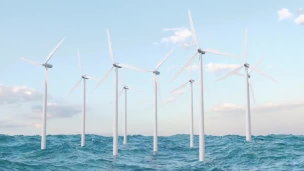 海に数基の風力タービンがあります 再生可能エネルギーの概念 3Dアニメーションレンダリング — ストック動画