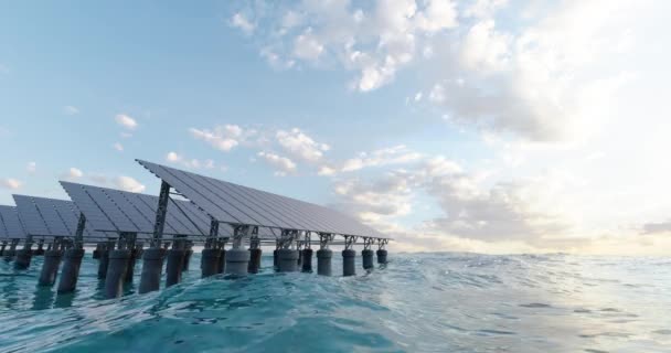 Animatie Van Hedendaagse Zonnepanelen Geïnstalleerd Zeewater Tegen Bewolkte Zonsopgang — Stockvideo