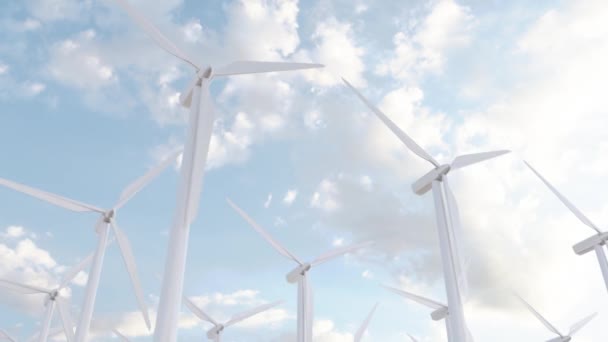 Panorama Loop Animação Turbinas Eólicas Modernas Brancas Produzindo Energia Renovável — Vídeo de Stock