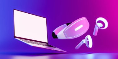 Uzayda uçan bir dizüstü bilgisayar, sanal gözlük ve oyun kontrolörleri gibi. 3d illüstrasyon