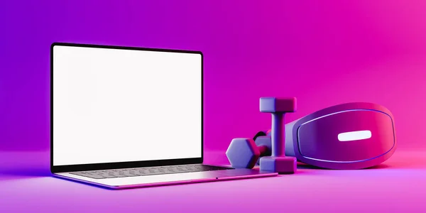 Vrゴーグルとダンベルのペアの3Dイラストは グラデーション背景に対して紫色の照明の下に空白の画面でラップトップの近くに配置されました — ストック写真