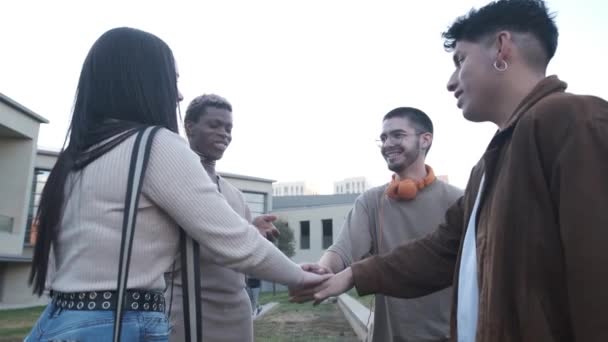 在校园里 一群快乐的多种族朋友和一个跨性别者携起手来 相互支持的慢镜头 — 图库视频影像