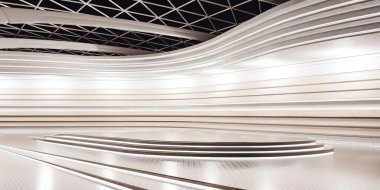 Parlak lambalarla parlayan duvarların doğrusal tasarımı ile çağdaş geometrik sergi salonunun 3D çizimi