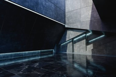 Gri ve koyu mavi mermer kaplamalı aydınlatma ile inşa edilmiş üç boyutlu boş sergi salonu.