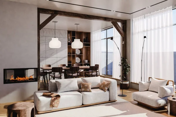 Desain Interior Kontemporer Ruang Terbuka Ruang Dengan Nyaman Minimalis Sofa — Stok Foto