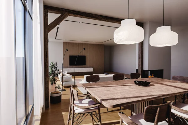 外部光と近代的な家具や暖炉3Dレンダリング付きのリビングルーム内のテーブル — ストック写真