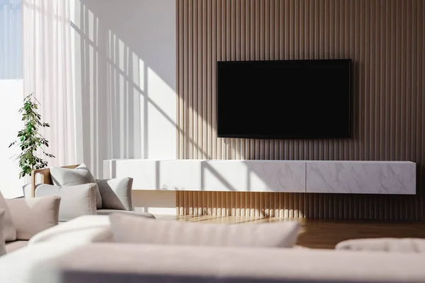 グレーのソファ付きのリビングルームで白い大理石のキャビネットをぶら下げ上記の木製の板やテレビで飾られた壁とインテリアデザイン — ストック写真