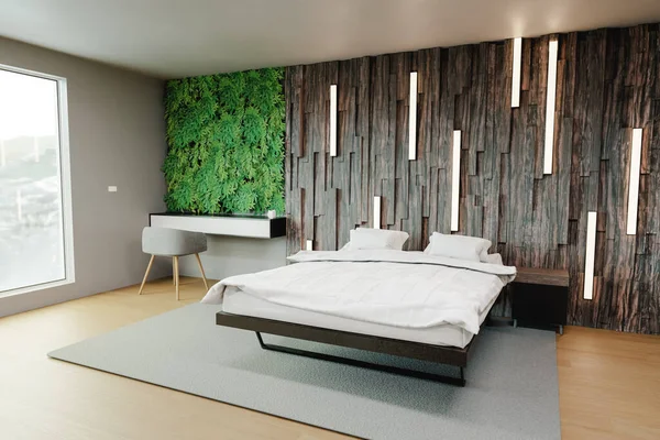 上の苔の壁と虚栄心テーブルの横に木や垂直ランプパネル壁と近代的なベッドルームのデザインと3Dイラスト — ストック写真