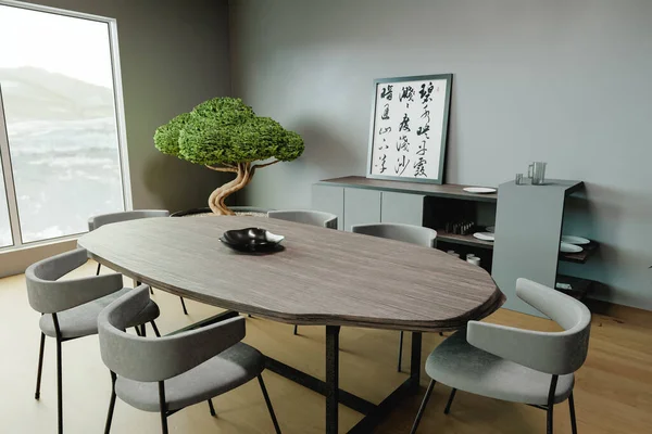 Interior Room Dengan Meja Kayu Dekorasi Jepang Dan Bonsai Pohon — Stok Foto
