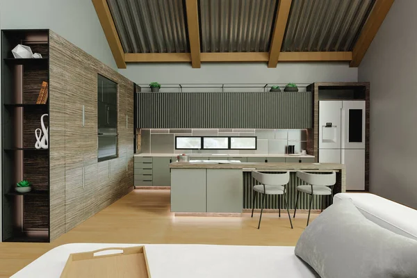 Interior Rumah Dengan Ruang Terbuka Antara Ruang Makan Dan Dapur — Stok Foto