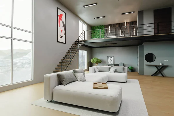 Ruangan Interior Cerah Dengan Sofa Dan Dua Lantai Dengan Dekorasi — Stok Foto