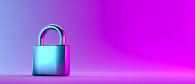 Metal bir asma kilidin renkli neon gradyan arkaplan üzerindeki üç boyutlu çizimi kopyalama alanı ile güvenlik sembolü olarak gösterilir