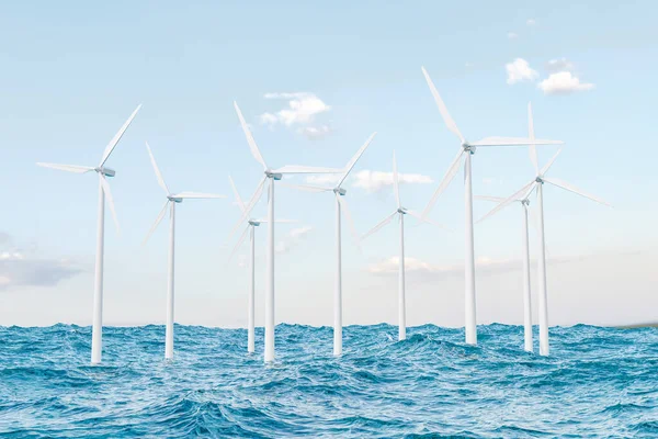 several wind turbines in the sea. Renewable energy concept. 3D render
