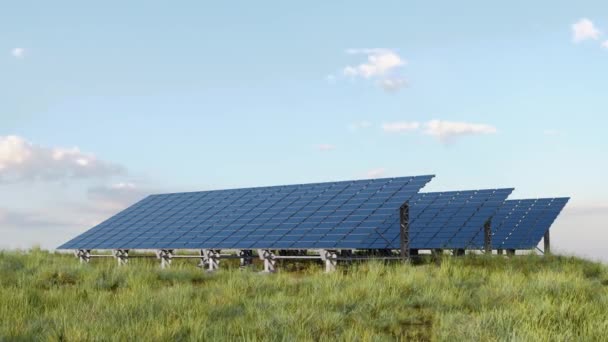 牧草地の太陽農場の曇天に対する緑の芝生の上に設置された現代の太陽光パネルの3Dアニメーション — ストック動画