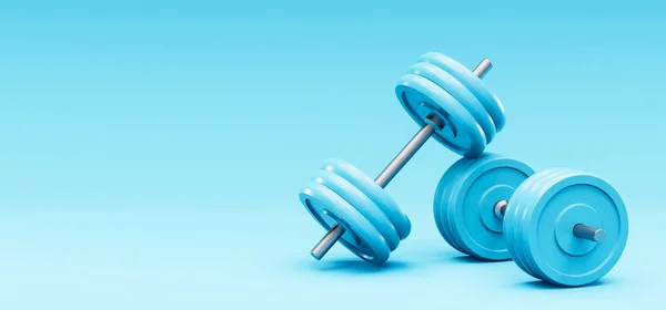 3D illustration. Dumbbells placed in a weight rack on an blue background. Fitness and sports concept.