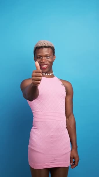Positive African American Queer Model Dress Looking Camera Smile Showing — Stock Video