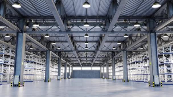 Empty Metal Shelves Installed Glowing Lamps Spacious Warehouse Contemporary Factory — Stockvideo