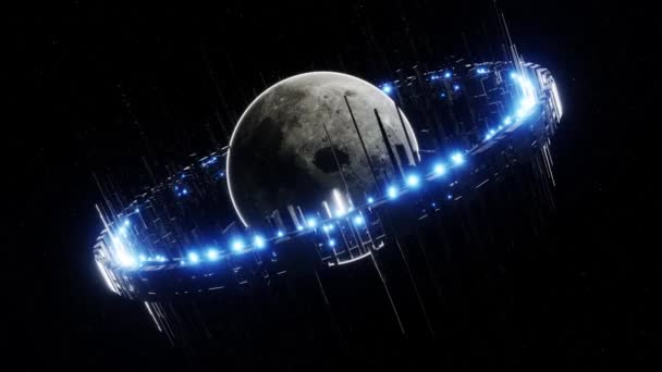 带有蓝色霓虹灯的未来卫星环在空间黑色背景下环绕灰色行星的三维动画 — 图库视频影像