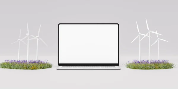 3D illustration of laptop mock up with blank screen levitating near wind turbines with blooming grass against white background with copy space