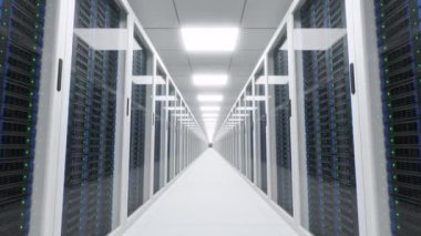 Slow motion of modern light server room with long corridor between server racks locked behind glass doors. Infinite loop