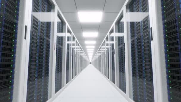 Slow Motion Modern Light Server Room Long Corridor Server Racks — Video Stock
