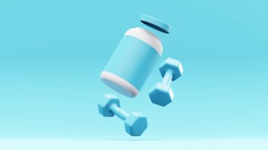 3D rendering of barbells with jar of protein supplement nutrition levitating against blue background
