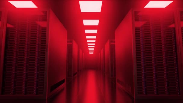 Row Hacked Server Racks Contemporary Server Room Illuminated Red Neon — Video Stock