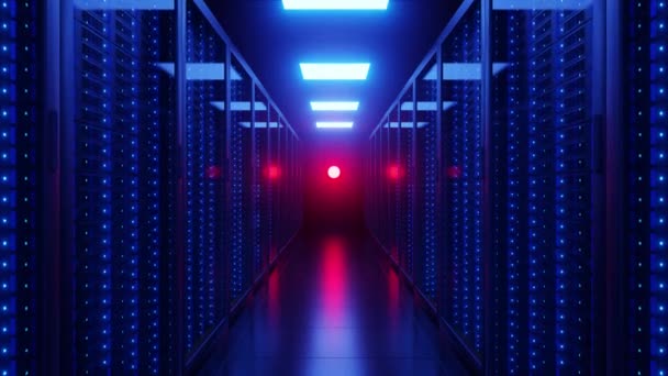 現代のデータセンターのガラスドアの後ろにサーバーラックの行は 中央に赤いランプと青ネオンライトで照らされました ウイルス感染の概念 3Dレンダリング — ストック動画
