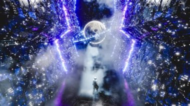 3D animation of astronaut standing in spaceship and observing alien planet surrounded with sci fi ring