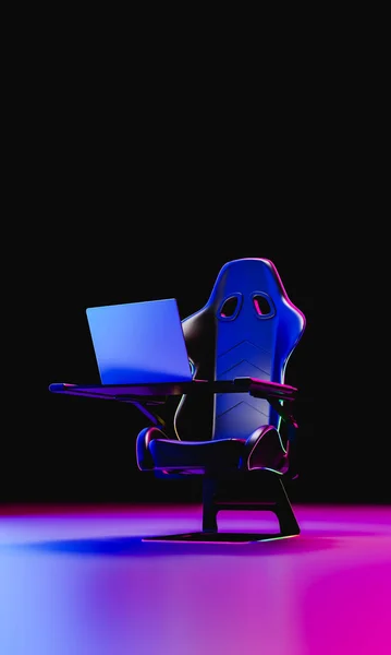 3D illustration of modern gaming chair with netbook placed under violet neon light against black background