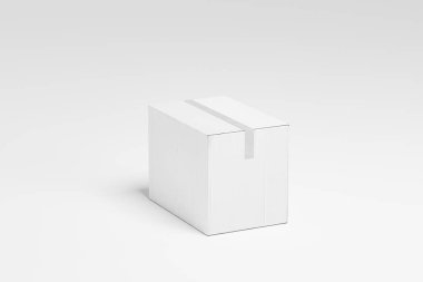 Illustration isolated on white background of white cube blank box with duct tape from above 3d render