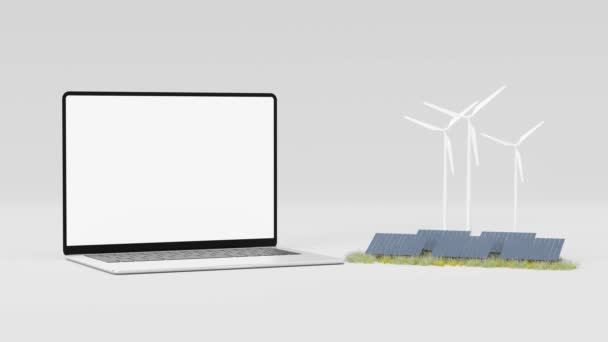 Animation Modern Netbook Empty Screen Wind Turbines Photovoltaic Panels Symbol — Vídeo de Stock