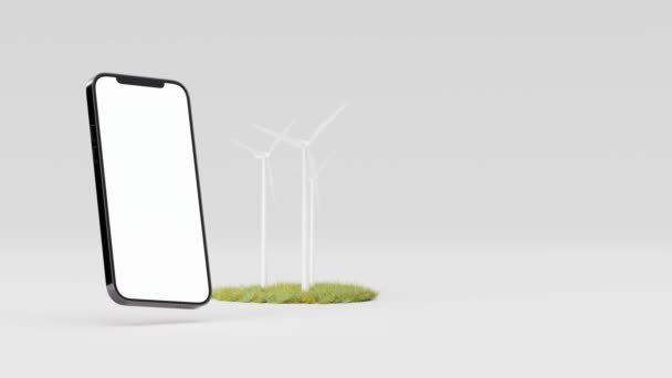 Animation Cellphone Mock Blank Screen Levitating Wind Turbines Blooming Grass — Vídeo de Stock
